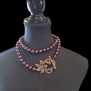 Heidi Daus Perennial Favorite Purple Pearl Necklace Crystal Lily Floral Clasp
